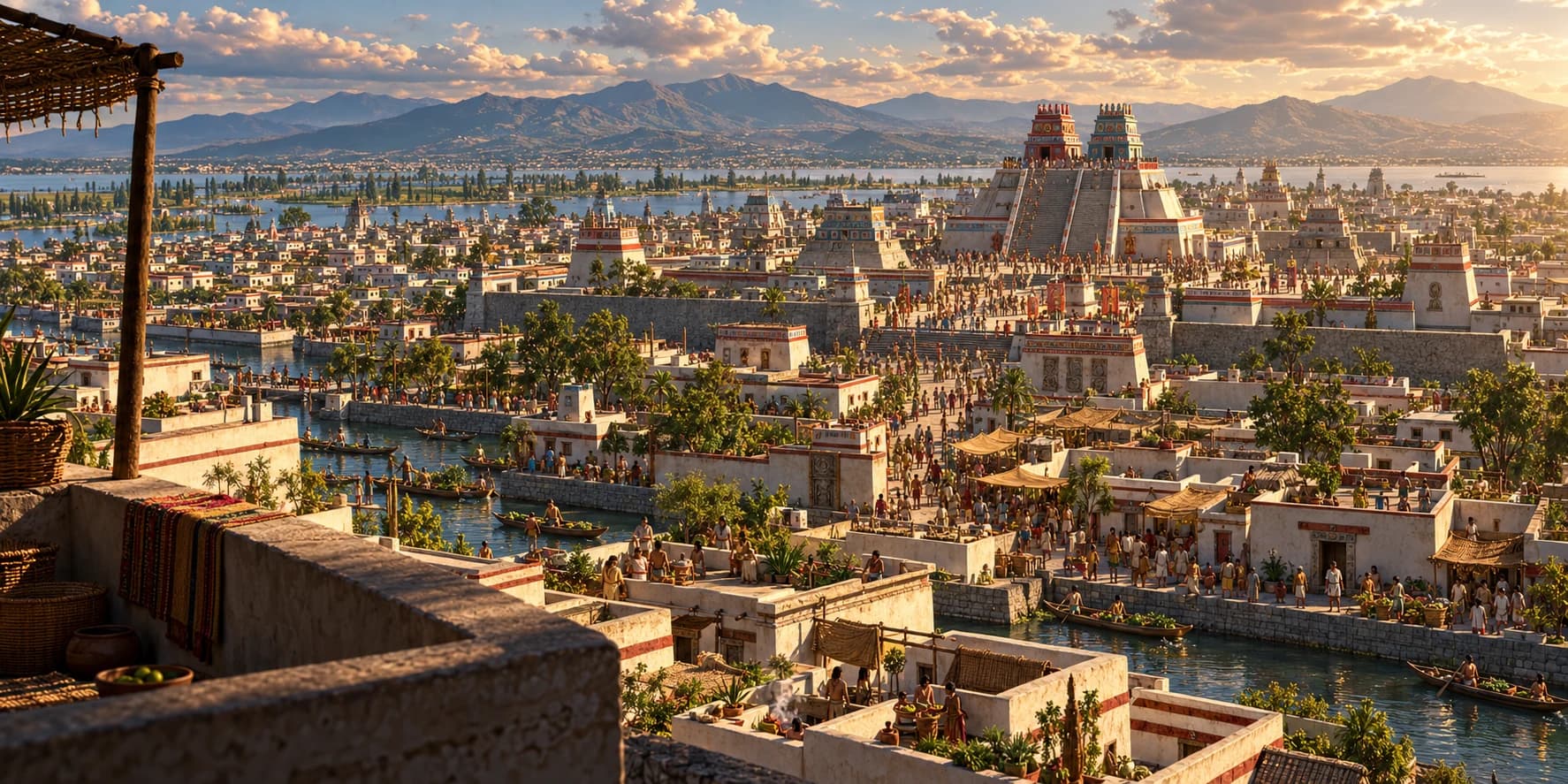 Tenochtitlan at its height, with dense neighbourhoods, canals, causeways and the twin shrines of the Templo Mayor.