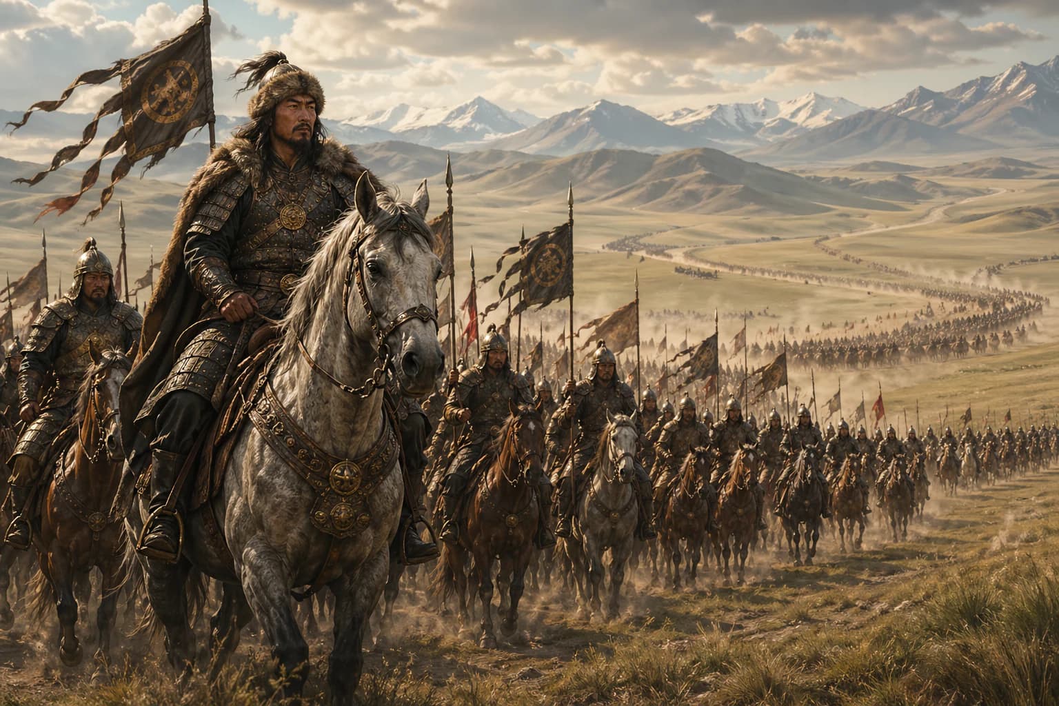 Illustrative reconstruction of a mounted Mongol commander leading columns of horsemen across a broad steppe valley.