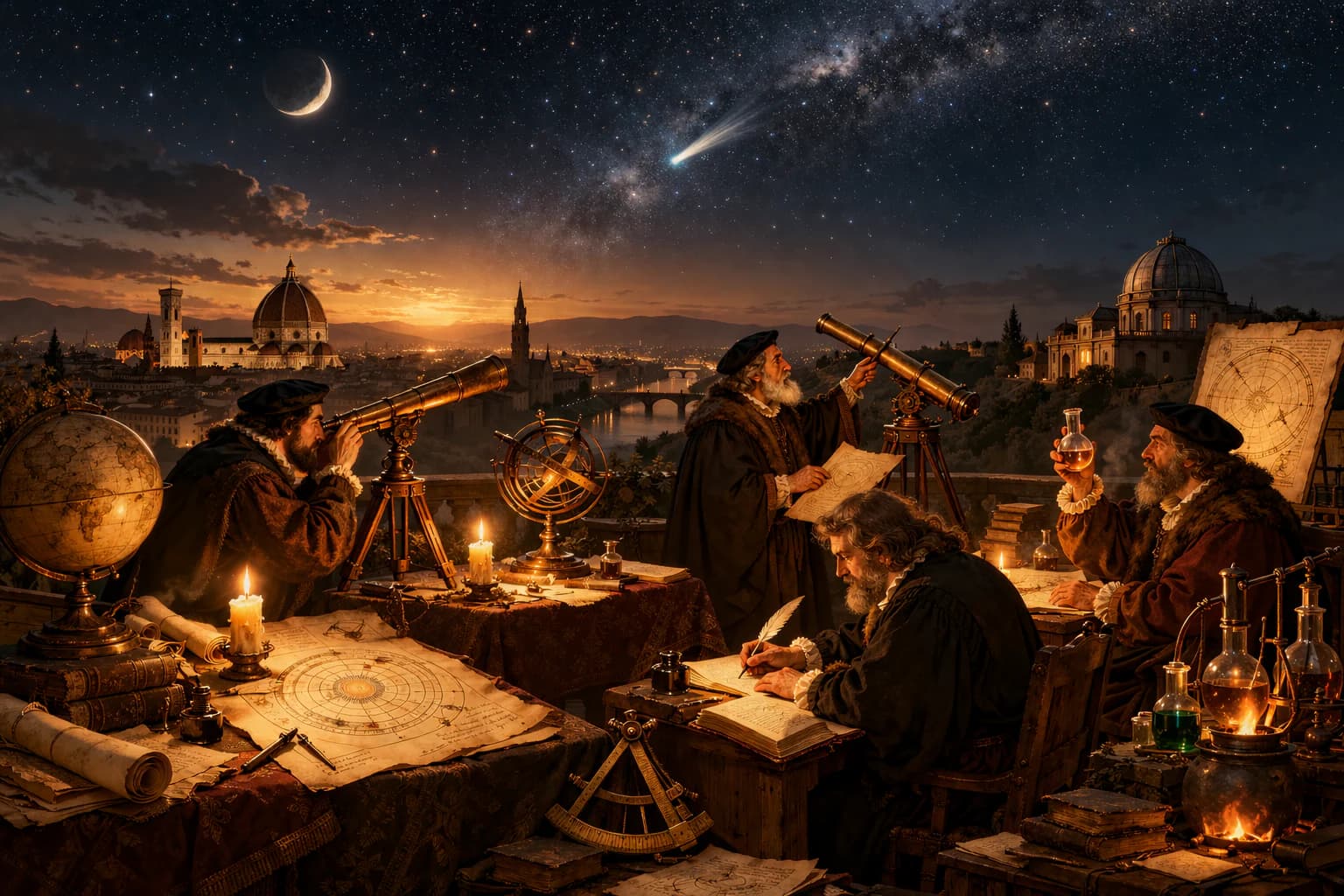 Astronomers and natural philosophers observing the cosmos with early scientific instruments.
